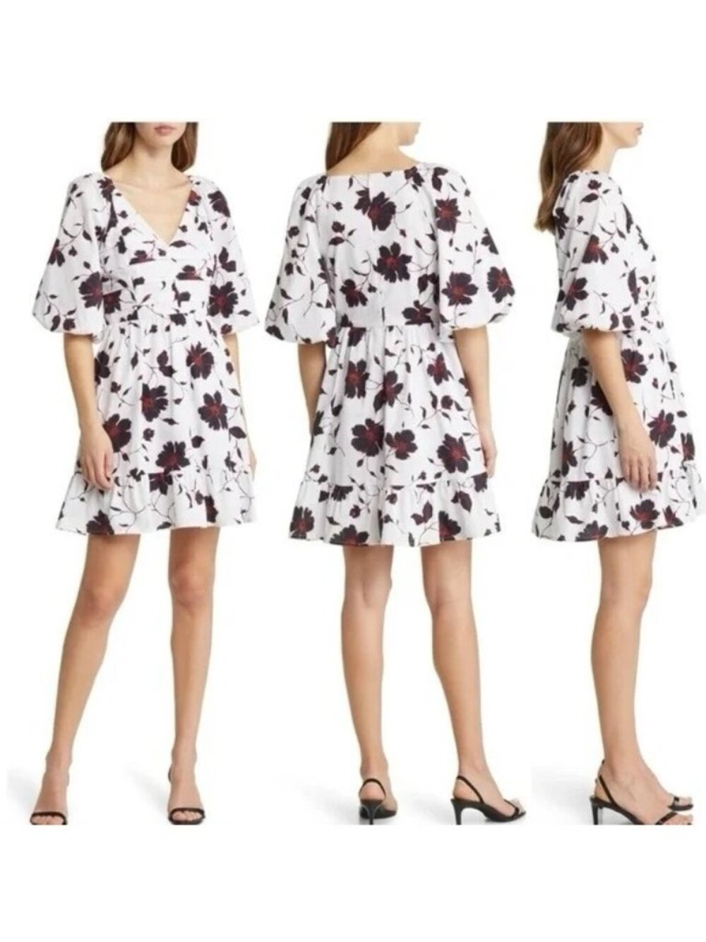 🆕DU PARADIS Floral Cotton Puff Sleeve Mini Dress Large 8-10